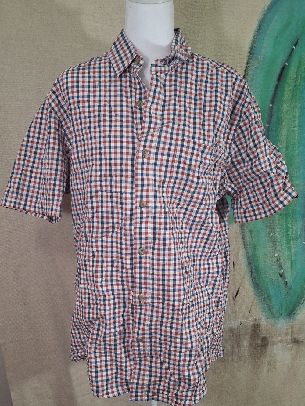 Eddie BAUER M Men's Short-Sleeve Check Buttondown Shirt in Red, Blue & White